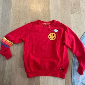 Aviator Nation Smiley 2 Rugby Stitch Crew Sweatshirt Red // Neon Rainbow NWT
